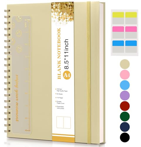 Blank Spiral Notebook Journal 8.5” x 11”, A4 Large Sketch Book for Women Men, 100 GSM Blank Paper Drawing Notebook, Plastic Hardcover Spiral Bound Sketchbook for Sketching Work School Writing, Yellow