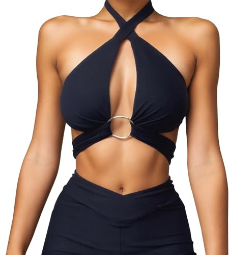 TTPSRY Camiseta Tirantes Mujer Tank Top Camisola Verano Cuello Halter Diseño Cruzado con Anillo Decorativo Ropa Deportiva sin Mangas Blusa Elegante para Fiesta