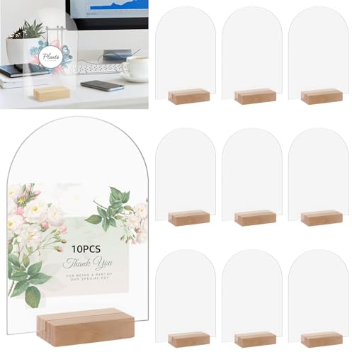 YAYODS Lot de 10 Marque-Place Mariage Acrylique Transparent - 12,5 x 17,5 cm Numéro de Table de Mariage Arche avec Socle en Bois - Panneau de Table Réutilisable pour Réception, Banquet et Événement