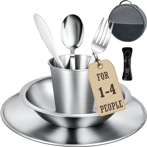 Set de Cubiertos Camping – Vajilla de Acero Inoxidable con Plato, Cuenco, Vaso y Cubertería – Incluye Bolsa ideal para Acampada, Picnic, Autocaravana, Barbacoa o Exterior. [Juego 8 Piezas / 1 Persona]