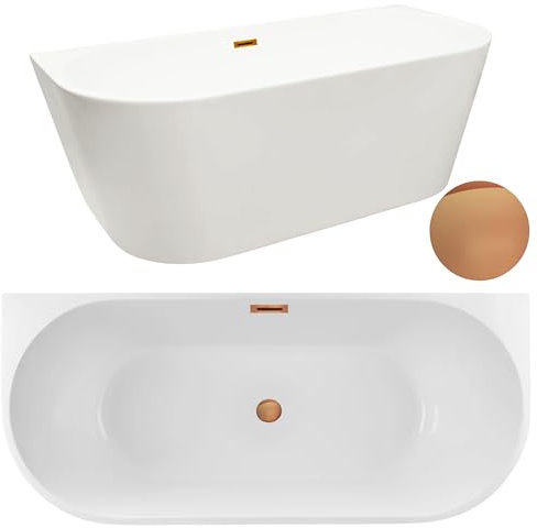 Aquauno - Baignoire autoportante en acrylique sanitaire de qualité supérieure - 150 x 75 cm - Avec bonde clic-clac, trop-plein, couvercle, bonde en cuivre - Baignoire design