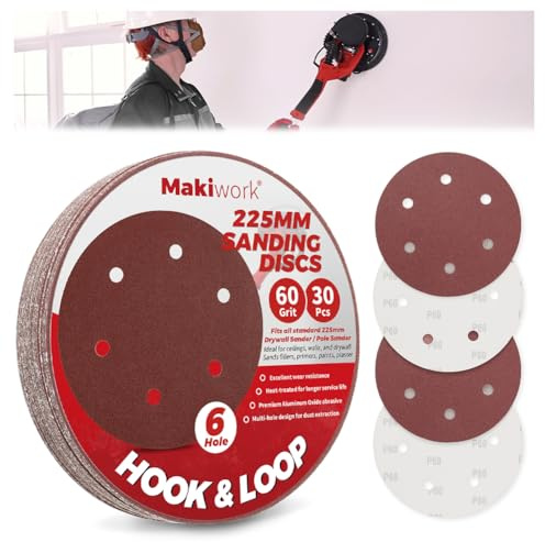 Makiwork 30PCS 9-Inch 6-Hole 60 Grit Hook & Loop Sanding Discs – Heavy-Duty Aluminum Oxide Sandpaper for Drywall Sander, Paint Removal, Wood & Metal Surface Prep