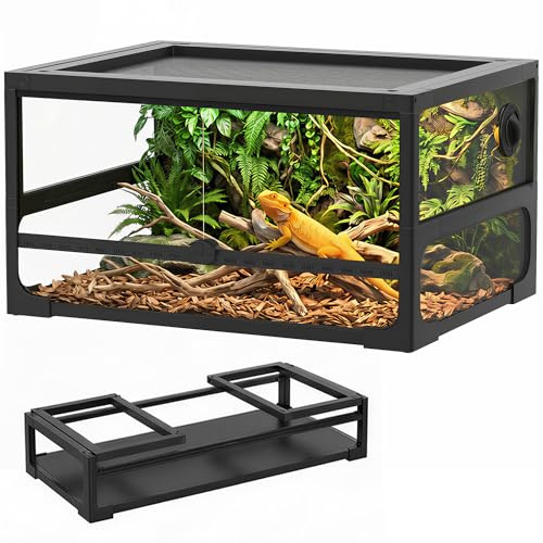 PawHut Terrario per Rettili Rialzato Pieghevole 60x45x32 cm con Serratura, Porta per Alimentazione, Ventilazione e Visuale a 360°, Rettilario in Vetro Temperato con Rete Metallica per Ucertole, Ragni