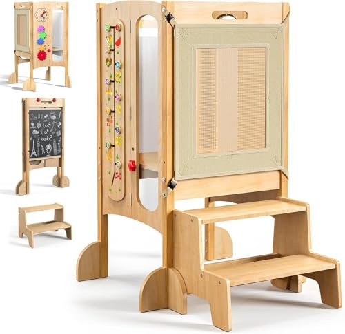 SPYLAVE Torre di apprendimento pieghevole a partire da 1 anno, 5 in 1 Torre di apprendimento multifunzione in legno con lavagna, Montessori Learning Tower per bambini, con rete di sicurezza