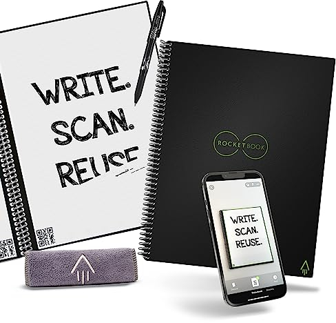 Rocketbook Core wiederverwendbares smartes Notizbuch | Digitales Smart-Notizbuch mit Stift, Tuch und App | Liniert, Schwarz, Format A5 21 cm x 29,7 cm, 32 Seiten