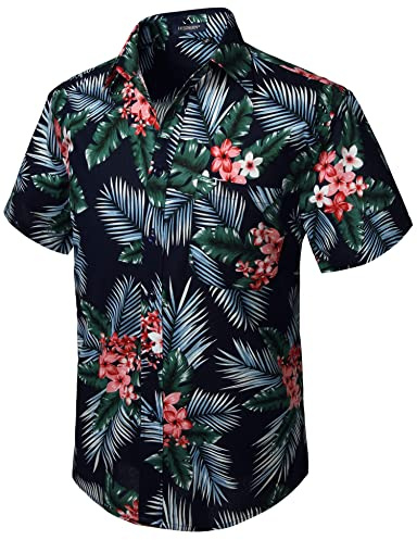 HISDERN Men Funky Hawaiian Floral Leaf Shirts Short Sleeve Front Pocket Holiday Summer Aloha Printed Beach Casual Navy Blue Pink Hawaii Flower Shirt M