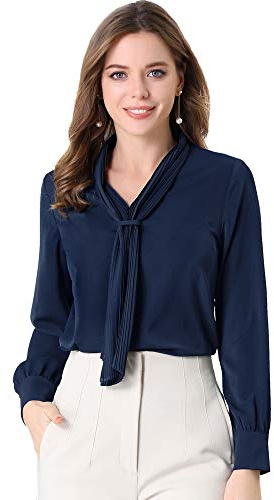 Allegra K Ropa Oficina Mujer Blusa Elegante De Oficina De Trabajo para Mujer, Camisa Plisada con Cuello De Lazo Y Manga Larga Azul Marino S