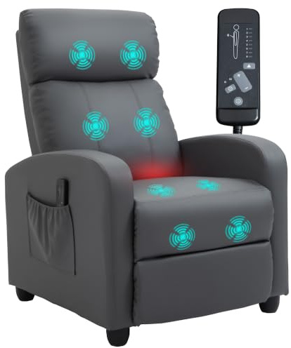 HOMCOM Sillón de Masaje Reclinable Mando a Distancia 68x88x98cm Gris | Sillón Relax Reclinable, Función Calefacción Lumbar, Mando a Distancia, Tapizado en PU, Reposapiés, Bolsillo, Basculante