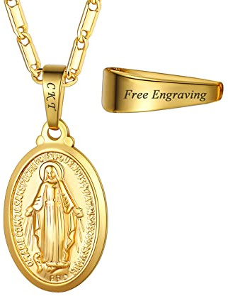 U7 Collier Femme Plaqué Or Jaune Pendentif Médaillon avec Saint Vierge Marie Personnalisable