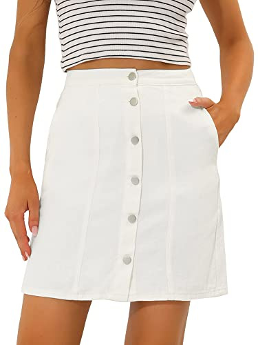 Allegra K Jupe Jean Femme Courte Trapèze Jupe en Denim Décontractée A-Ligne Taille Haute Boutonnée sur Devant