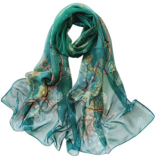 FAIRYGATE Ladies Chiffon Scarf Green Flower Print Neckerchief Soft Headwrap Girls Headscarf Women's Scarves & Wraps 160x50 cm 50015