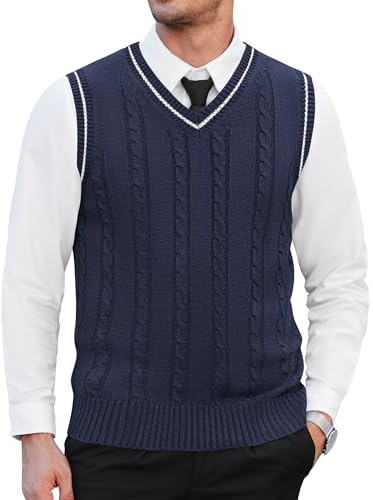 COOFANDY Men's Sweater Vest V Neck Slim Fit Casual Sleeveless Twisted Knitted Pullover Sweater, Navy Blue, Large