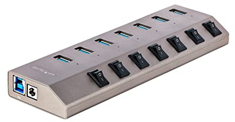 StarTech 7 Port Self-Powered USB C Hub with Individual On-Off Switches, USB 3.0 (5Gbps) Expansion Hub with Power Supply, Desktop Laptop USB-C to USB-A Splitter