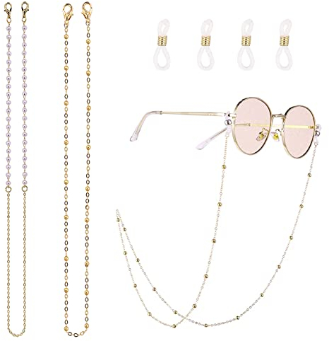 2 PCS Glasses Chains Sunglasses Chain Gold Glasses Chain Beaded Eyeglass Chains Spectacle Chain Reading Glasses Bead Glasses Strap Chains Eyewear Chain for Glasses Women with Anti-Skid Ear Hooks