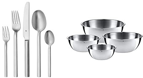 WMF Alteo Besteck Set für 6 Personen, 30-teilig, Monobloc-Messer, Cromargan Edelstahl Mattiert & Schüssel-Set Gourmet 4-teilig Multifunktional als Rührschüssel