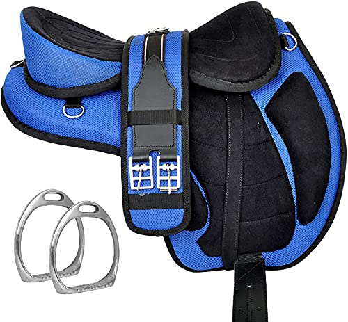 Selle pour cheval sans arçon Freemax en daim synthétique avec sangle assortie et paire d'étrivières en aluminium (Bleu, assise de 45,7 cm)