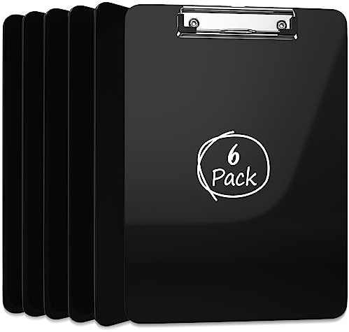 Kiggos 6 Pack Plastic Clipboards Black Clip Boards Low Profile Metal Clip Board 12.5 x 9 Inch Letter Size Bulk Class Set Acrylic Clip Boards with Hanging Hook - Holds 100 Sheets
