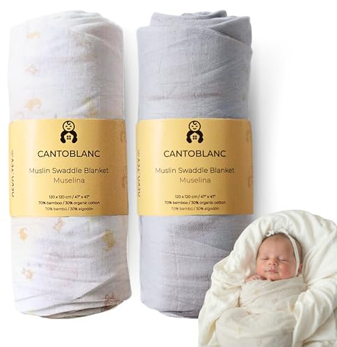 Cantoblanc® Pucktuch Musselin Tuch Baby 120x120 cm Bio-Baumwolle Bambus. Groß Swaddle Blanket für Junge und Mädchen Neugeborene. (2, Grau, Tiere mit Logo Cantoblanc, 120 x 120 cm)