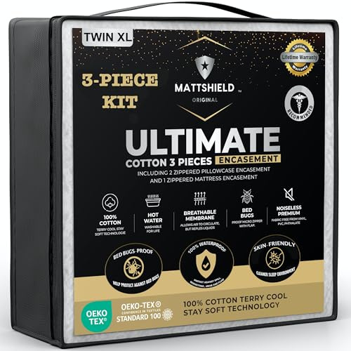 MATTSHIELD Ultimate 3-Piece Kit - Bed Bug-Proof Mattress Cover Twin XL - 100% Cotton Top + 2 Pillow Protectors with Zipper - 6 Sided Waterproof Encasement, Total Defense Kit