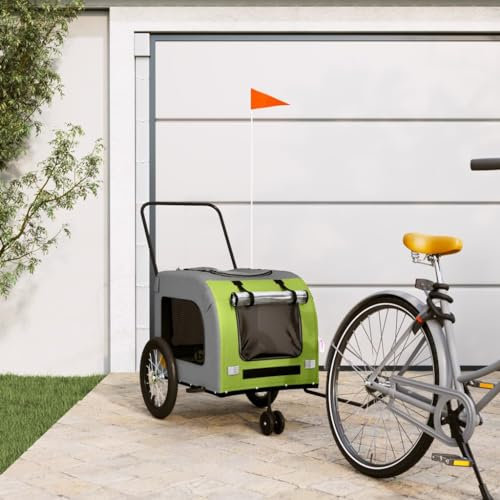 Homgoday Haustier-Fahrradanhänger Grün und Grau Oxford-Gewebe und Eisen, Hunde-Fahrradanhänger, Haustierwagen Träger mit Sicherheitsflagge für Fahrrad, Haustier-Fahrradwagen für kleine und mittelgroße
