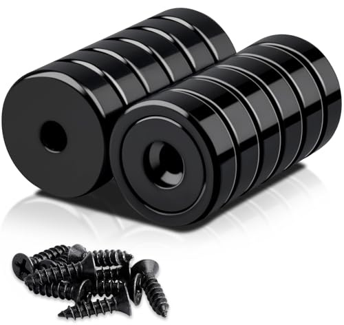MIN CI 12 Pezzi Magneti al Neodimio con Foro, 25kg (55lbs) Nero Magneti da Avvitare 25mm Tondi Magneti al Neodimio Extra Forti Piatto Magnete con Filettatura da Avvitare