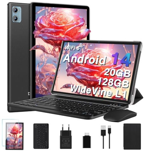 Tablet 10 Pollici Android 15 Tablets con Gemini AI, 64GB+2TB TF, GMS, Tablets 5G+2.4G WIFI, Octa-Core 2.0GHz, Face ID,Widevine L1 FHD,BT5.0,Type-C,8MP+5MP, GPS ,Tablet 3 in 1 con Tastiera e Mouse,Nero