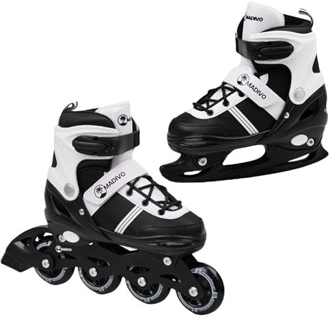 MADIVO Duo Set 2in1 Inliner/Schlittschuhe VERSTELLBAR | für Kinder und Jugendliche | Damen Herren Inline-Skates umbaubar zu Eislaufschuhe | Größen: 34-37, 38-41 (Schwarz, M (34-37))