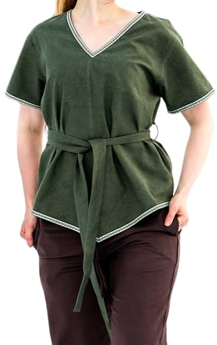 Leonardo Carbone® Damblus, vikingaunika, matilda | V-ringad med kant | integrerat bälte | karneval, halloween, cosplay, LARP, tunika, topp, kostym | 100 % bomull, Grön, 3XL