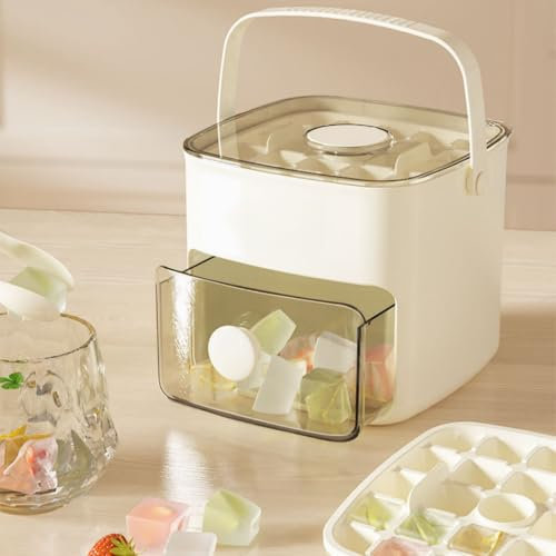 Ice Cube Tray with Lid & Bin, Reusable 2-Layer Portable Ice Cube Mould, BPA Free, Easy-Release 48pcs Ice Tray for Freezer, Drinks, Cocktails, Parties(White)