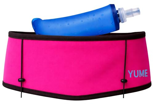YUME Cinturon Running con 3 Bolsillos, Porta Botella, Porta Bastones y Porta Dorsales | Riñonera Running Trail para Hombre y Mujer (Rosa, Talla M)