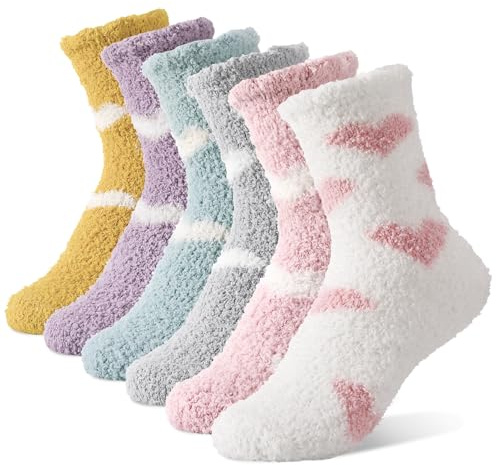 Zuimei 6 Pairs Fluffy Socks for Women and Girls, Warm Bed Socks Thicken Soft Plush Fuzzy Sock, Cute Heart Cozy Winter Sock for Girls Christmas, Size 3-6