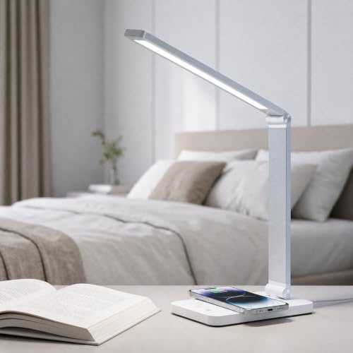 LQWELL Touch LED-skrivbordslampa, hopfällbar sänglampa, laddningsfunktion, 3000K-6000K och ljusstyrka dimbar, 90° rotation, 1,5 m nätsladd, 1 kontakt, vit