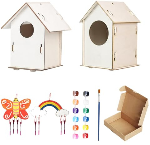 Kit de casa para pájaros, casa para pájaros de Madera para Bricolaje, El Kit de para de Madera Incluye Pinturas y Pinceles, para de para Bricolaje, 2 Juegos, Artes edu