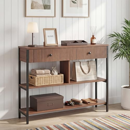 Manroa Konsolentisch Schmal Holz mit Schubladen 100 cm breit,Modernes Schmales Sideboard mit Schönen Linien, 3-stufige Anrichte Flurtisch mit Stauraum für Flur, Wohnzimmer, Schlafzimmer(Nussbaum)