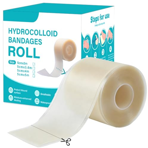 Hydrocolloid Roll Tape, Apósitos Hidrocoloides Impermeables, Transpirable Hidrocoloide Rollo Adhesivos Cortable para Ampollas, Rasguños, Acné (5m x 5cm)