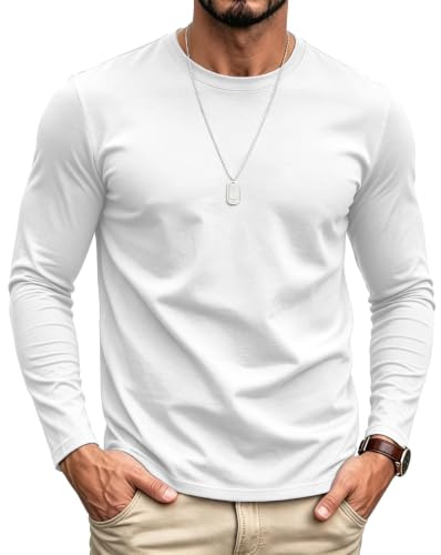 Men's Classic Crew Neck T-Shirt, 100% Cotton Long Sleeve Tee, Breathable Soft Casual Top for Daily Wear & Layering