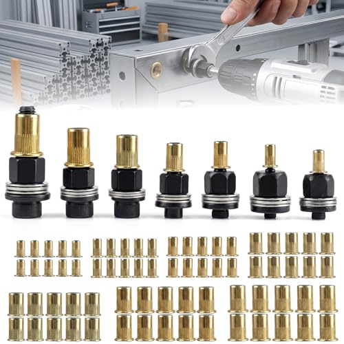 DRADERCH 7 Pièces Pince à Riveter les Écrous, 77 Pièces Écrous à Sertir Kit | Avec M3 M4 M5 M6 M8 M10 M12, Insert Fileté Outil de Rivetage pour Tôle,Aluminium,Auto,Manuel et Adaptateur Perceuse