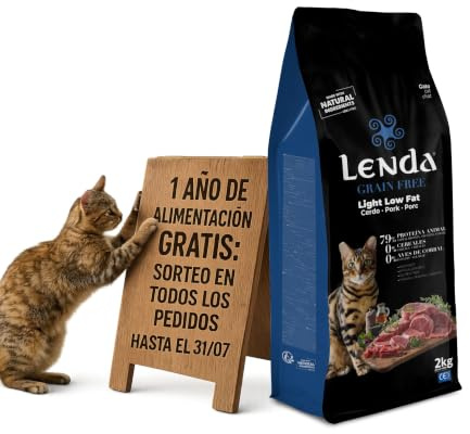 Lenda Grain Free Light y Low Fat 2kg - Pienso Hipoalergenico para Gatos Adultos y Senior de Conejo y Cerdo Sin Cereales - Comida para Gato Bajo en Grasa con Probioticos y Omega 3 - No Grain