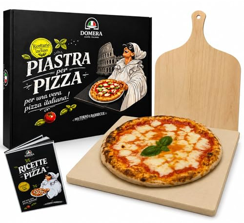 Domera-Pietra Refrattaria per Pizza in Forno e Barbecue in Cordierite+Pala in Betulla -Fino a 900°- Cottura Perfetta per Pizza Pane Focacce - 38x30 cm