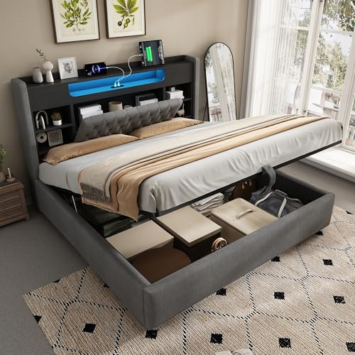 King Size Ottoman Bed Frame with Storage, Hydraulic Lift Up Bed with Charging Station & LED Lights, 5ft Upholstered Platform Bed Frame with Multifunctional Storage Headboard & Wood Slats, Linen, Grey