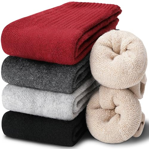 EBMORE Calzini donna in lana merino, calze termhiche invernali spugna lavoro caldo per trekking regalo donna 5 paia (Rosso/Beige/Grigio/Nero)