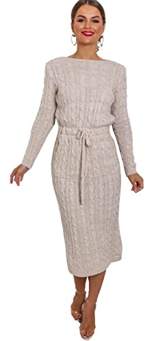 Crazy Girls Womens Cable Knit Belted Midi Dress, Stone, SM (UK 8-10)