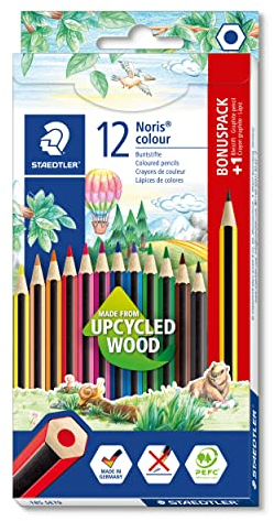 STAEDTLER Buntstifte Noris colour, rutschfeste Soft-Oberfläche, hohe Bruchfestigkeit, Made from Upcycled Wood, intensive Farben, Sechskantformat, 12 Farbstifte + 1 Buntstift im Kartonetui, 185 SET9