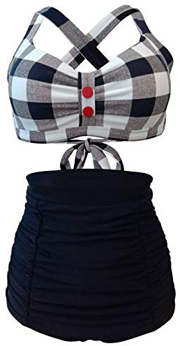 Laorchid dam bandeau bikini set sexig hög midja badmode push up baddräkt vadderad retro nackhållare tankini, Svart vitt rutnät, 36