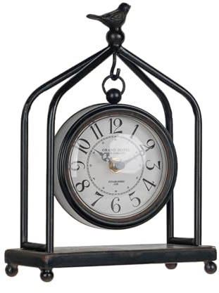SOFFEE DESIGN 7.5'' x 10'' Mantel Clock Iron Tower Frame, Creative Bird Ornament Tabletop Clock, Silent Clock with Hollow Carved Back Cover for Home Decor, Black