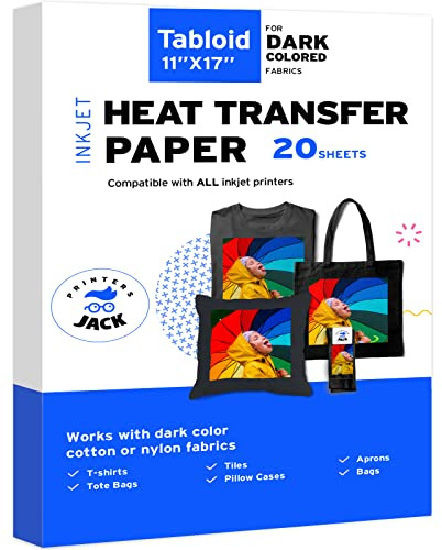 Printers Jack Iron-On Heat Transfer Paper for Dark Fabric 20 Pack 11x17 T-Shirt Transfer Paper for Inkjet Printer Wash Durable, Long Lasting Transfer, No Cracking