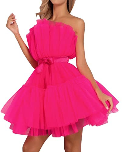 Robe courte en tulle pour femme - Robe de bal bouffante sans bretelles en maille - Robe de fée pour anniversaire, cocktail, fête, séance photo, maternité, soirée, rose vif, M