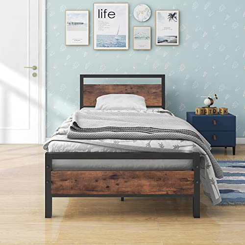 BOFENG 3ft Single Bed Frame with Wood Headboard,Heavy Duty Metal Bed Frame Single Bed, Strong Metal Slats,No Box Spring Needed,Under Bed Storage,Noise Free,Easy Assembly,Brown