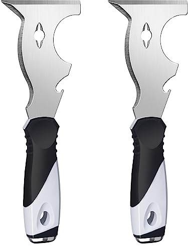 Mister Rui 2 Pack 10 in 1 Putty Knife - Multi Use Painters Tool, Taping Knife, Paint & Metal Scraper with Hammer End, Razor Blade Spackle Tool