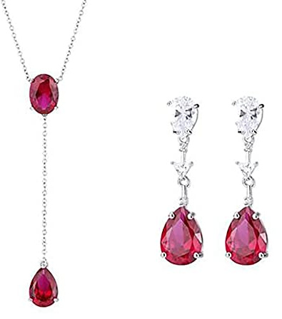 OBCPD 10 x 14 mm rubin ädelsten långt hänge halsband örhängen bröllopssmycken set för kvinnor tillbehör